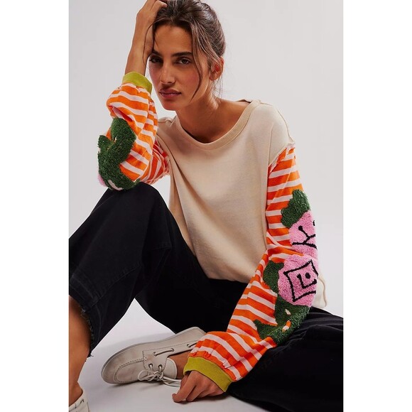 Free People We The Free Rose Stem Tee Tunic Top Embroidered Striped M NEW 283223 - Picture 2 of 9